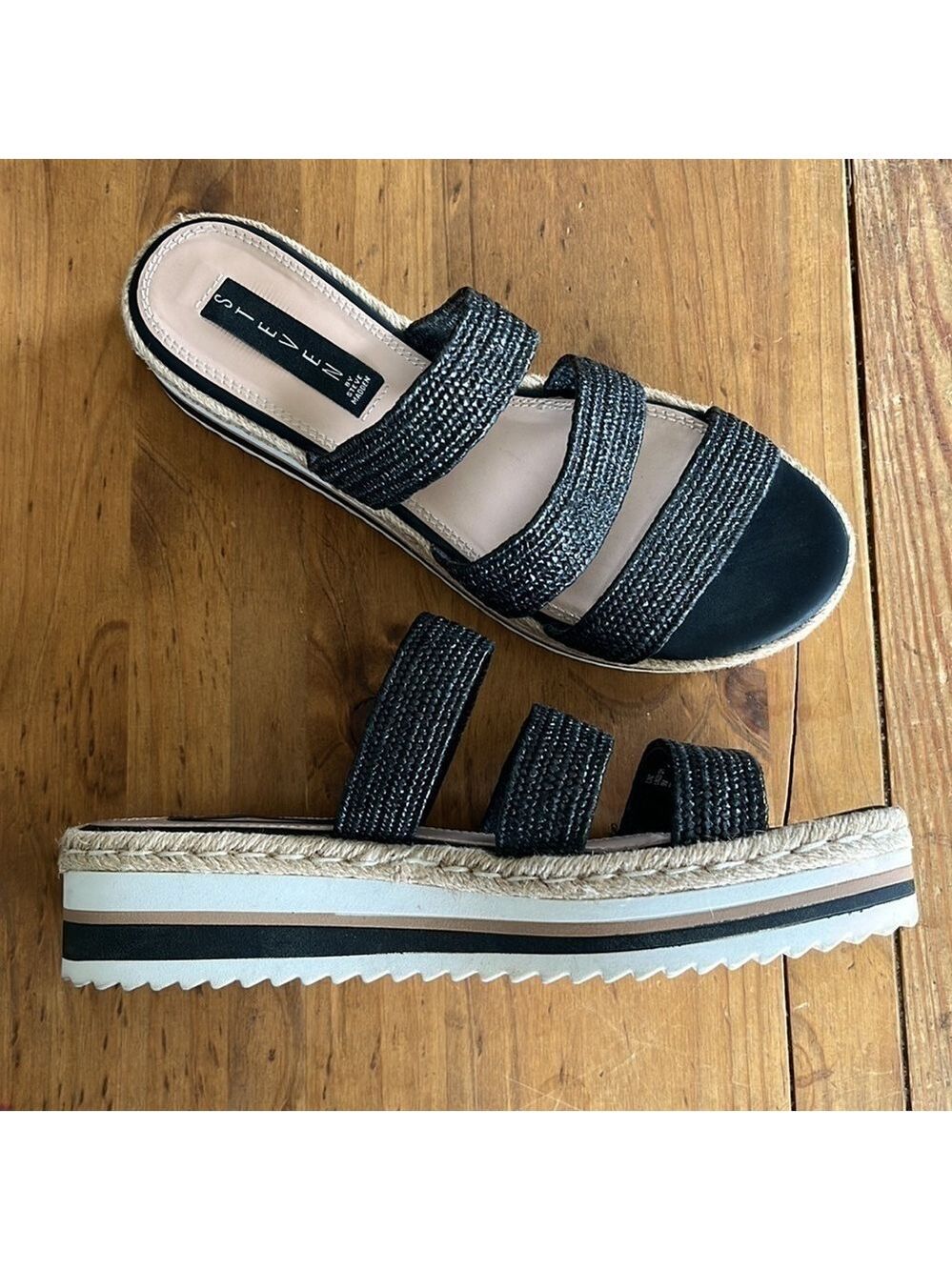 STEVEN Steve Madden Black Linz Women’s Platform Textile 3 Strap Wedge Sandals 9